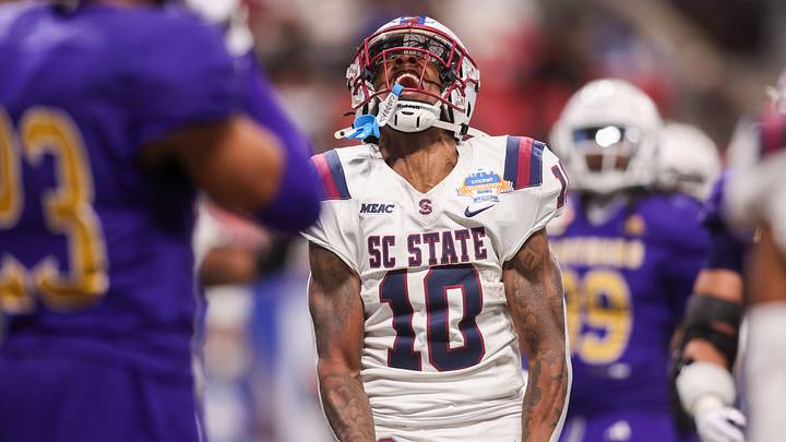 South Carolina State Bulldogs running back Tyler Smith (10) celebrates after a touchdown against the Prairie View A&M Panthers