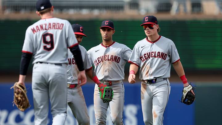 May 2, 2026; West Sacramento, California, USA; Cleveland Guardians third baseman Jose Ramirez (11), shortstop Brayan Rocchio (4), second baseman Travis Bazzana (37), and first baseman Kyle Manzardo (9) congratulate each other after defeating the Athletics at Sutter Health Park. Mandatory Credit: Dennis Lee-Imagn Images