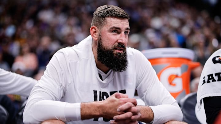Nov 3, 2025; Denver, Colorado, USA; Denver Nuggets center Jonas Valanciunas (17) on the bench in the second quarter against the Sacramento Kings at Ball Arena. Mandatory Credit: Isaiah J. Downing-Imagn Images