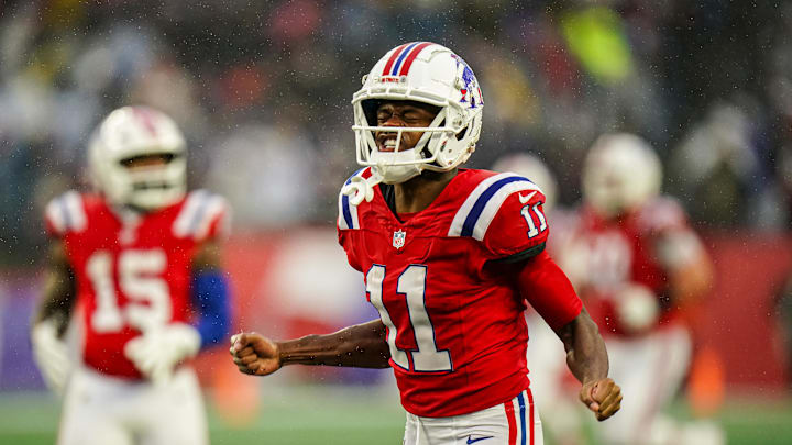 Dec 3, 2023; Foxborough, Massachusetts, USA; New England Patriots wide receiver Tyquan Thornton (11) reacts after running the ball against the Los Angeles Chargers in the second half at Gillette Stadium. Mandatory Credit: David Butler II-Imagn Images