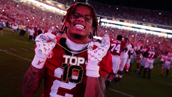 Sep 28, 2024; Tuscaloosa, Alabama, USA;  Alabama Crimson Tide wide receiver Ryan Williams (2) celebrates after defeating the Georgia Bulldogs at Bryant-Denny Stadium. Mandatory Credit: John David Mercer-Imagn Images