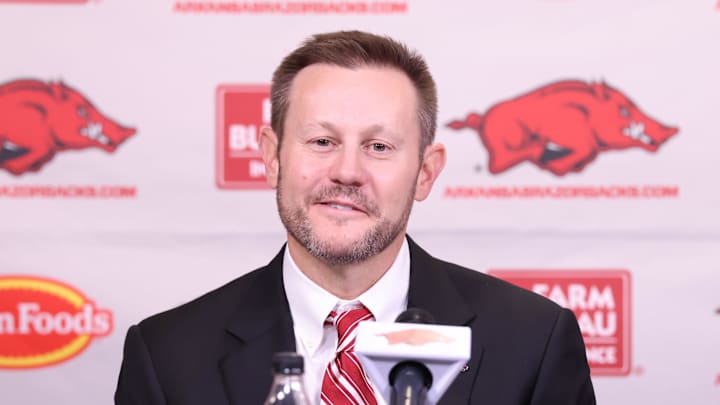 Dec 4, 2025; Fayetteville, AR, USA; Arkansas Razorbacks head coach Ryan Silverfield during his introductory press conference at Frank Broyles Center. Mandatory Credit: Nelson Chenault-Imagn Images Dec 4, 2025; Fayetteville, AR, USA; Arkansas Razorbacks head coach Ryan Silverfield during his introductory press conference at Frank Broyles Center. Mandatory Credit: Nelson Chenault-Imagn Images