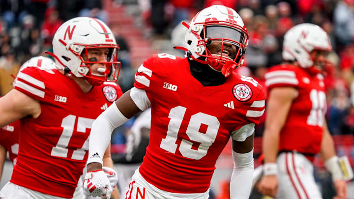 Nebraska wide receiver Jaylen Lloyd (19) celebrates after scoring a touchdown against Purdue in 2023.