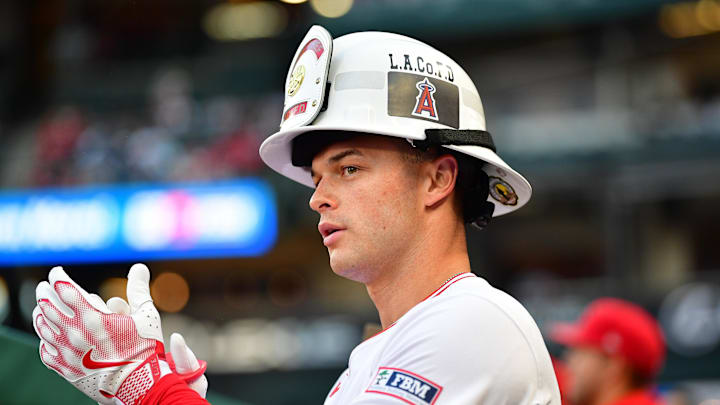 May 1, 2025; Anaheim, California, USA; Los Angeles Angels designated hitter Logan O'Hoppe (14) reacts after hitting a solo home run against the Detroit Tigers during the second inning at Angel Stadium. Mandatory Credit: Gary A. Vasquez-Imagn Images