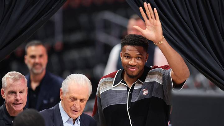 Jul 16, 2026; Miami, FL, USA; Miami Heat forward Giannis Antetokounmpo (7) waves to the crowd as he arrives with Miami Heat president Pat Riley to his introductory press conference at Kaseya Center. Mandatory Credit: Sam Navarro-Imagn Images Jul 16, 2026; Miami, FL, USA; Miami Heat forward Giannis Antetokounmpo (7) waves to the crowd as he arrives with Miami Heat president Pat Riley to his introductory press conference at Kaseya Center. Mandatory Credit: Sam Navarro-Imagn Images