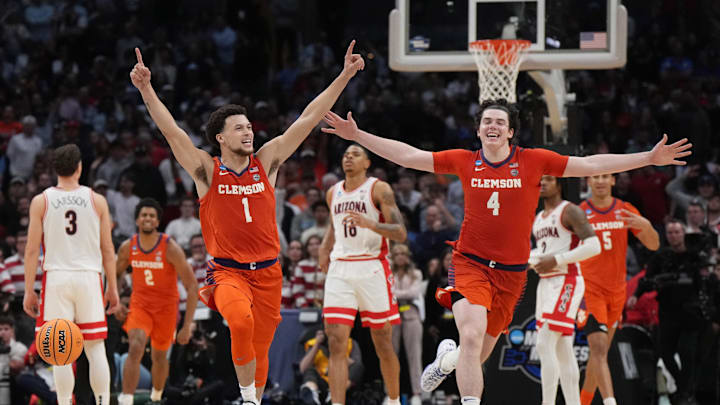 Mar 28, 2024; Los Angeles, CA, USA; Clemson Tigers guard Chase Hunter (1) and forward Ian