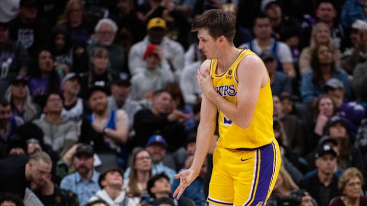 Mar 13, 2024; Sacramento, California, USA; Los Angeles Lakers guard Austin Reaves (15) celebrates after making a three-point shot during the fourth quarter against the Sacramento Kings at Golden 1 Center. Mandatory Credit: Ed Szczepanski-Imagn Images