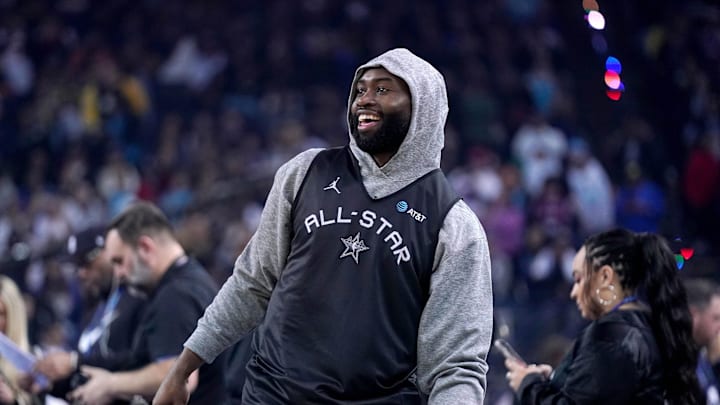 Feb 15, 2025; Oakland, CA, USA; Shaq’s OGs guard Jaylen Brown (7) of the Boston Celtics stands on the court during the NBA All Star-Practice at Oracle Arena. Mandatory Credit: Cary Edmondson-Imagn Images