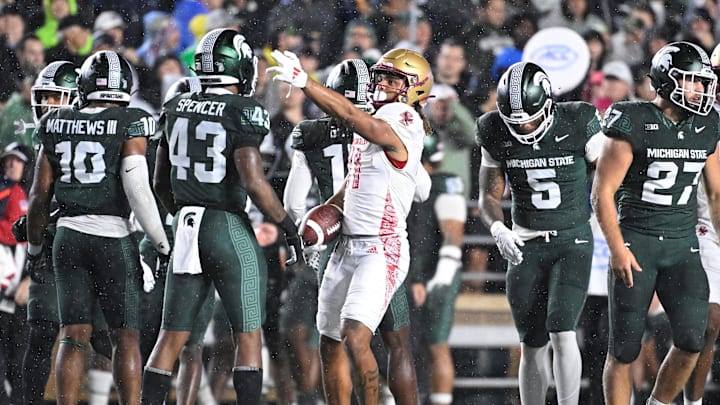Sep 21, 2024; Chestnut Hill, Massachusetts, USA; Boston College Eagles wide receiver Lewis Bond (11) reacts to his first down run during the first half against the Michigan State Spartans at Alumni Stadium. Mandatory Credit: Eric Canha-Imagn Images Sep 21, 2024; Chestnut Hill, Massachusetts, USA; Boston College Eagles wide receiver Lewis Bond (11) reacts to his first down run during the first half against the Michigan State Spartans at Alumni Stadium. Mandatory Credit: Eric Canha-Imagn Images
