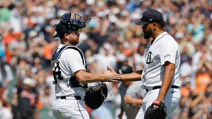 Detroit Tigers catcher Jake Rogers and pitcher Kenley Jansen celebrate. Detroit Tigers catcher Jake Rogers and pitcher Kenley Jansen celebrate.