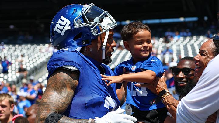 Aug 15, 2026; East Rutherford, New Jersey, USA; New York Giants wide receiver Odell Beckham Jr. (3) hugs his son before the game against the Minnesota Vikings at MetLife Stadium. Aug 15, 2026; East Rutherford, New Jersey, USA; New York Giants wide receiver Odell Beckham Jr. (3) hugs his son before the game against the Minnesota Vikings at MetLife Stadium.