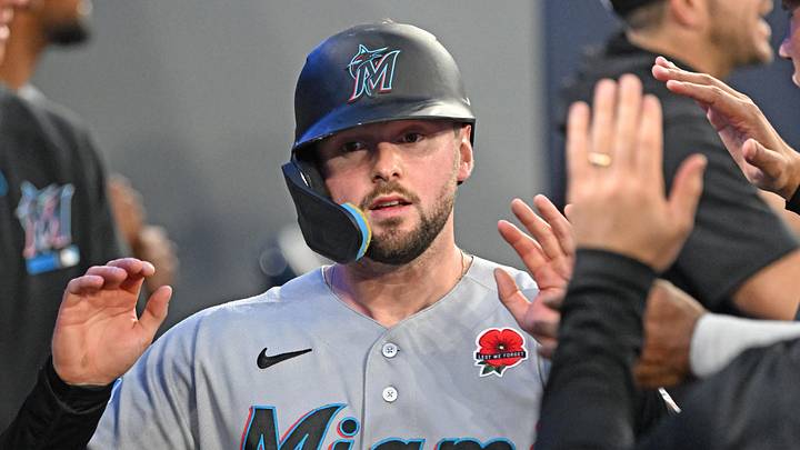 May 25, 2026; Toronto, Ontario, CAN; Miami Marlins first baseman Liam Hicks (34) celebrates in the dugout after scoring a run against the Toronto Blue Jays in the sixth inning at Rogers Centre. Mandatory Credit: Dan Hamilton-Imagn Images May 25, 2026; Toronto, Ontario, CAN; Miami Marlins first baseman Liam Hicks (34) celebrates in the dugout after scoring a run against the Toronto Blue Jays in the sixth inning at Rogers Centre. Mandatory Credit: Dan Hamilton-Imagn Images