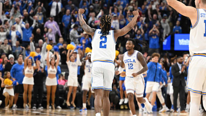 Dec 28, 2024; Inglewood, California, USA; UCLA Bruins guard Dylan Andrews (2) celebrate the Bruins 65-62 win over the Gonzaga Bulldogs at Intuit Dome. Mandatory Credit: Robert Hanashiro-Imagn Images