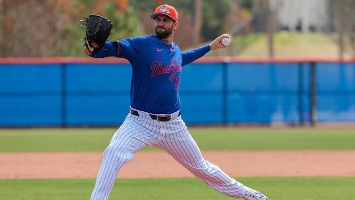 Feb 17, 2026; Port St. Lucie, FL, USA; New York Mets pitcher David Peterson (23) pitches during spring training at Clover Park. Mandatory Credit: Sam Navarro-Imagn Images
