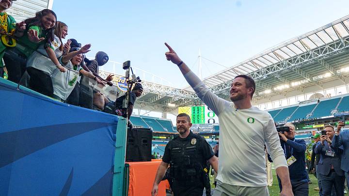 Oregon head coach Dan Lanning walks off the field as the Oregon Ducks take on the Texas Tech Red Raiders in the Orange Bowl on Jan. 1, 2026, at Hard Rock Stadium in Miami, Florida. Oregon head coach Dan Lanning walks off the field as the Oregon Ducks take on the Texas Tech Red Raiders in the Orange Bowl on Jan. 1, 2026, at Hard Rock Stadium in Miami, Florida.