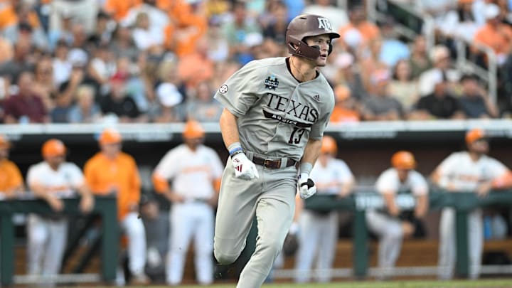 Texas A&M Aggies left fielder Caden Sorrell (13) drives in a run against the Tennessee Volunteers during the first inning at Charles Schwab Field Omaha.