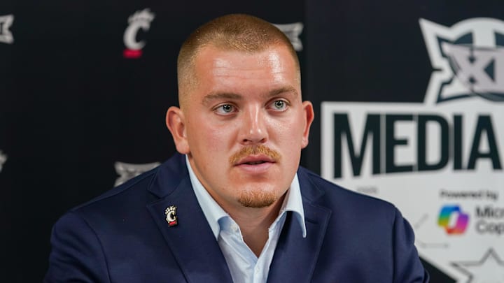 Jul 8, 2025; Frisco, TX, USA; Cincinnati offensive lineman Gavin Gerhardt answers questions from the media during 2025 Big 12 Football Media Days at The Star. Mandatory Credit: Raymond Carlin III-Imagn Images