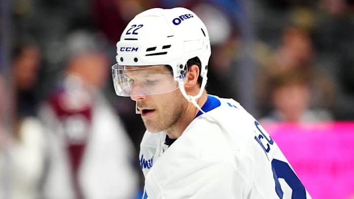 Jan 12, 2026; Denver, Colorado, USA; Toronto Maple Leafs defenseman Jake McCabe (22) before the game against the Colorado Avalanche at Ball Arena. Mandatory Credit: Ron Chenoy-Imagn Images