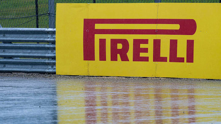 Oct 19, 2018; Austin, TX, USA; A view of the Pirelli logo and wet track during practice for the