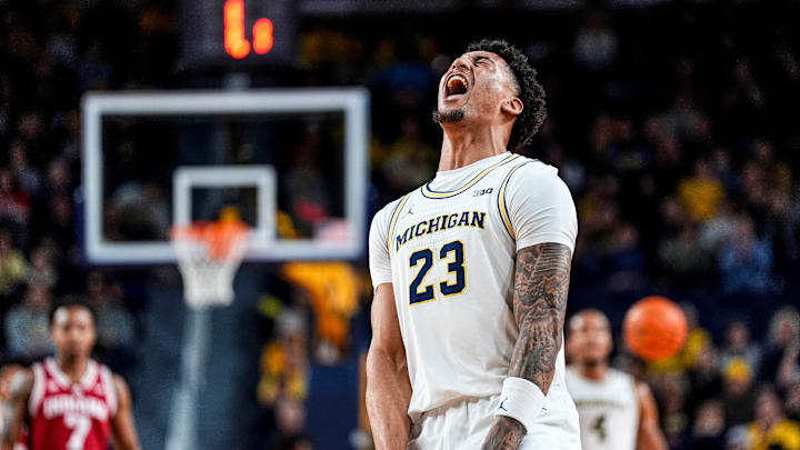 Michigan forward Yaxel Lendeborg (23) celebrates a play against Indiana during the first half at Crisler Center in Ann Arbor on Tuesday, Jan. 20, 2026.