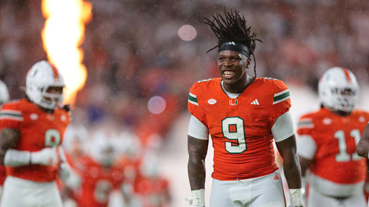 Sep 20, 2025; Miami Gardens, Florida, USA; Miami Hurricanes linebacker Malik Bryant (9) runs on the field before the game against the Florida Gators at Hard Rock Stadium. Mandatory Credit: Sam Navarro-Imagn Images