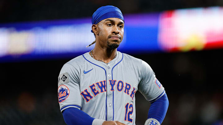 Aug 6, 2024; Denver, Colorado, USA; New York Mets shortstop Francisco Lindor (12) in the middle of the seventh inning against the Colorado Rockies at Coors Field. Mandatory Credit: Isaiah J. Downing-USA TODAY Sports