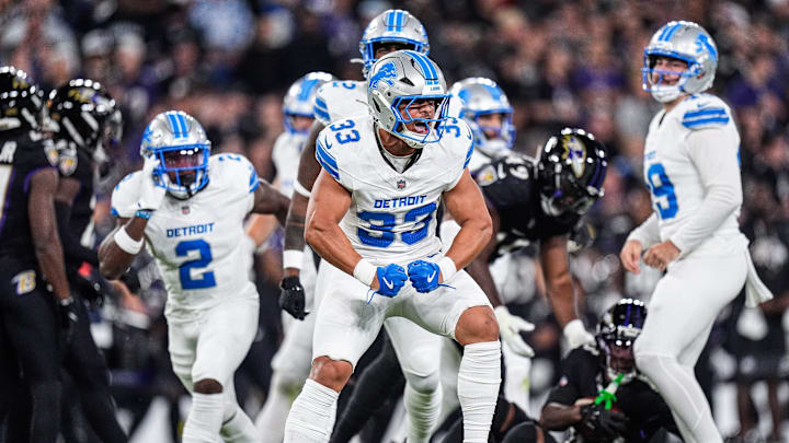 Detroit Lions special team Sione Vaki (33) celebrates a play against Baltimore Ravens during the first half at M&T Bank Stadium in Baltimore, Md. on Monday, Sept. 22, 2025.