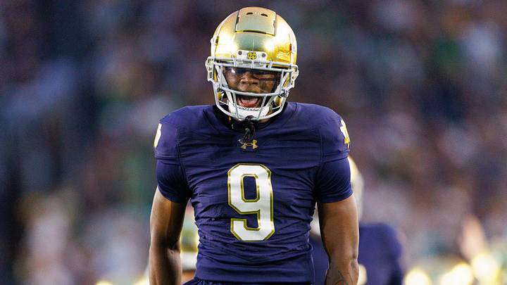 Notre Dame safety Tae Johnson celebrates after getting a stop in the first half of a NCAA football game against Texas A&M at Notre Dame Stadium on Saturday, Sept. 13, 2025, in South Bend.