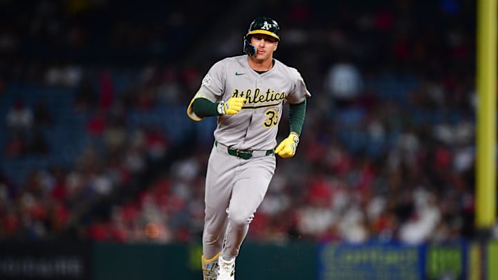 Sep 5, 2025; Anaheim, California, USA; Athletics right fielder JJ Bleday (33) runs the bases after hitting a three run home run against the Los Angeles Angels during the third inning at Angel Stadium. Mandatory Credit: Gary A. Vasquez-Imagn Images Sep 5, 2025; Anaheim, California, USA; Athletics right fielder JJ Bleday (33) runs the bases after hitting a three run home run against the Los Angeles Angels during the third inning at Angel Stadium. Mandatory Credit: Gary A. Vasquez-Imagn Images