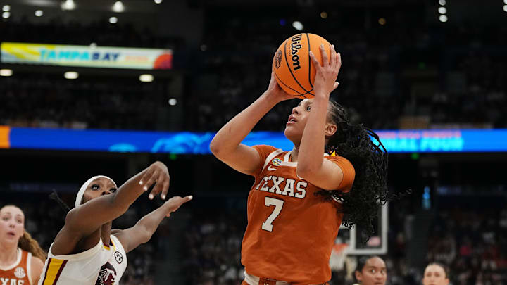 Texas Longhorns guard Jordan Lee (7) during the NCAA semi-final game against the South Carolina Gamecocks at Amalie Arena in Tampa, Florida, Friday April 4, 2025. Texas Longhorns guard Jordan Lee (7) during the NCAA semi-final game against the South Carolina Gamecocks at Amalie Arena in Tampa, Florida, Friday April 4, 2025.