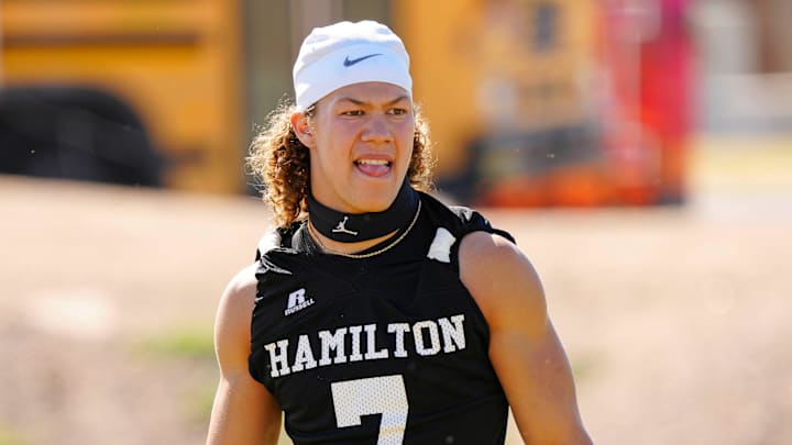 Hamilton linebacker Beau Jandreau (7) during practice at Hamilton High School at the Chandler Unified School District Spring Football Jamboree on May 14, 2024, in Chandler.