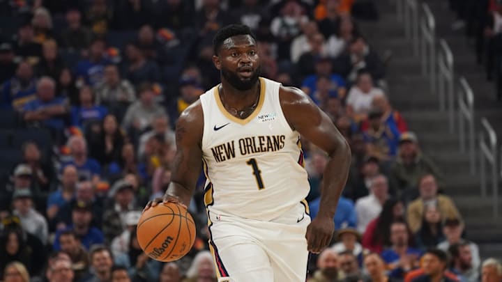 Oct 30, 2024; San Francisco, California, USA; New Orleans Pelicans forward Zion Williamson (1) dribbles during the first quarter against the Golden State Warriors at Chase Center. Mandatory Credit: David Gonzales-Imagn Images Oct 30, 2024; San Francisco, California, USA; New Orleans Pelicans forward Zion Williamson (1) dribbles during the first quarter against the Golden State Warriors at Chase Center. Mandatory Credit: David Gonzales-Imagn Images