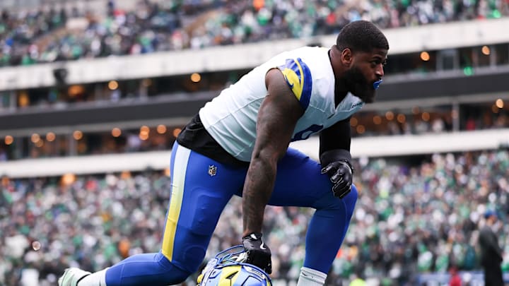 Jan 19, 2025; Philadelphia, Pennsylvania, USA; Los Angeles Rams linebacker Jared Verse (8) before action against the Philadelphia Eagles in a 2025 NFC divisional round game at Lincoln Financial Field. Mandatory Credit: Bill Streicher-Imagn Images