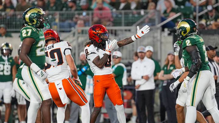 Oct 3, 2026; Fort Collins, Colorado, USA;  Oregon State Beavers wide receiver Aaron Butler (0) celebrates after a run in the second half against the Colorado State Rams at Sonny Lubick Field at Canvas Stadium.  Mandatory Credit: Andrew Rydland-Imagn Images