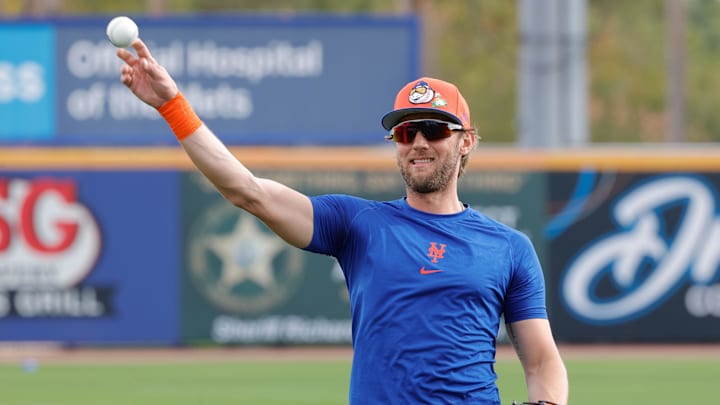 Feb 17, 2026; Port St. Lucie, FL, USA;  New York Mets infielder Grae Kessinger (79) throws the ball during the New York Mets spring training workouts at Clover Park. Mandatory Credit: Reinhold Matay-Imagn Images