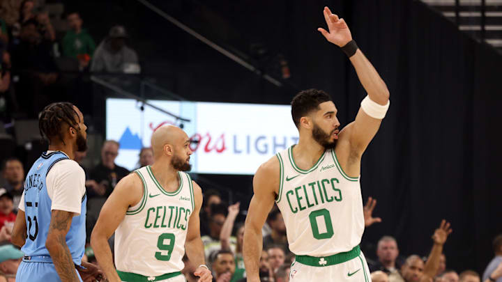 Jan 22, 2025; Inglewood, California, USA; Boston Celtics forward Jayson Tatum (0) celebrates after a basket during the first quarter against the LA Clippers at Intuit Dome. Mandatory Credit: Jason Parkhurst-Imagn Images