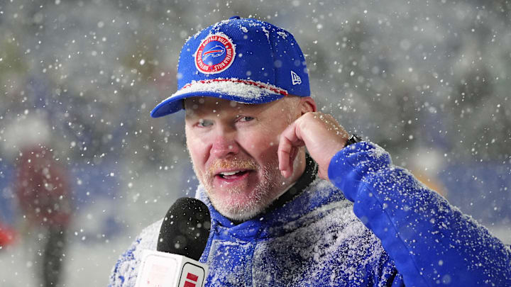 Dec 1, 2024; Orchard Park, New York, USA; Buffalo Bills head coach Sean McDermott is interviewed by ESPN