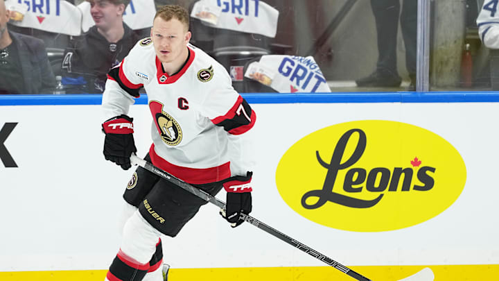 Apr 29, 2025; Toronto, Ontario, CAN; Ottawa Senators left wing Brady Tkachuk (7) skates during the warmup before game five of the first round of the 2025 Stanley Cup Playoffs against the Toronto Maple Leafs at Scotiabank Arena. Mandatory Credit: Nick Turchiaro-Imagn Images