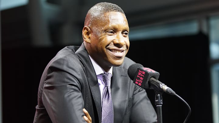 Sep 30, 2024; Toronto, Ontario, Canada; Toronto Raptors vice chairman and team president Masai Ujiri  talks to the media during media day at Scotiabank Area. Mandatory Credit: John E. Sokolowski-Imagn Images