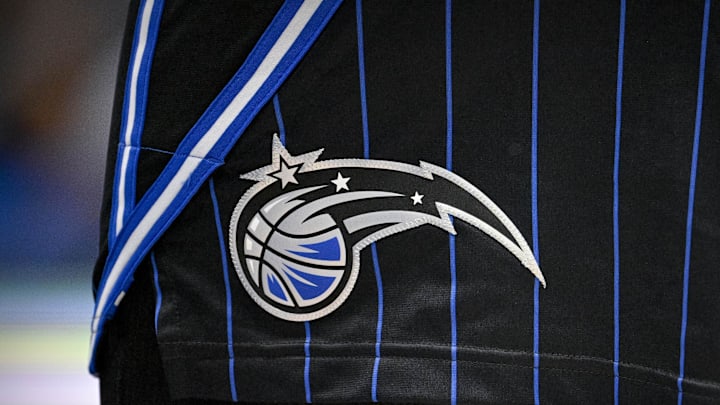 Oct 7, 2022; Dallas, Texas, USA; A view of the Orlando Magic logo during the game between the Dallas Mavericks and the Orlando Magic at the American Airlines Center. Mandatory Credit: Jerome Miron-Imagn Images