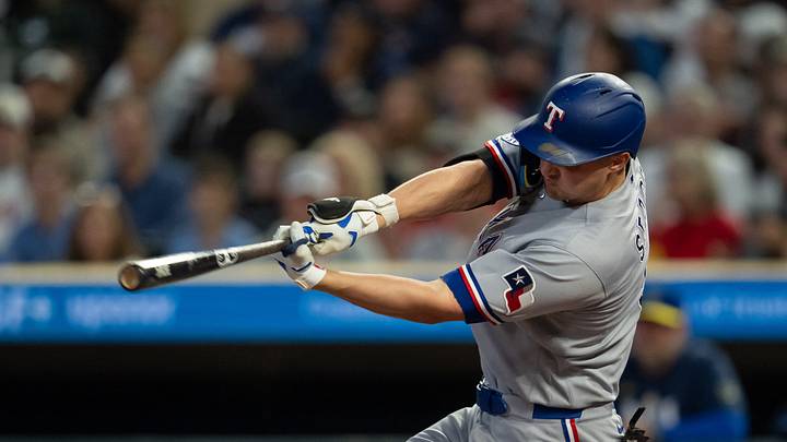 Sep 25, 2026; Minneapolis, Minnesota, USA; Texas Rangers shortstop Corey Seager (5) hits a RBI single against the Minnesota Twins in the first inning at Target Field. Mandatory Credit: Jesse Johnson-Imagn Images Sep 25, 2026; Minneapolis, Minnesota, USA; Texas Rangers shortstop Corey Seager (5) hits a RBI single against the Minnesota Twins in the first inning at Target Field. Mandatory Credit: Jesse Johnson-Imagn Images