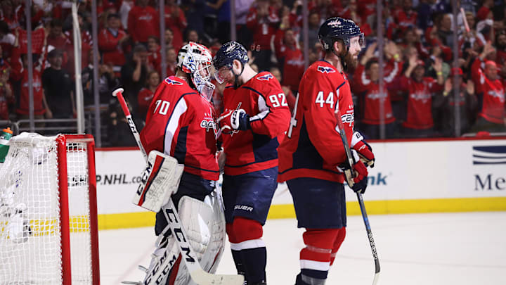 Braden Holtby, Evgeny Kuznetsov, Brooks Orpik, Washington Capitals