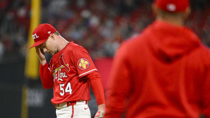 May 2, 2025; St. Louis, Missouri, USA;  St. Louis Cardinals starting pitcher Sonny Gray (54) waits on the mound as manager Oliver Marmol (37) walks out to remove him from the game against the New York Mets during the fifth inning at Busch Stadium. Mandatory Credit: Jeff Curry-Imagn Images