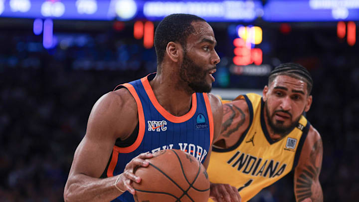 May 14, 2024; New York, New York, USA; New York Knicks guard Alec Burks (18) dribbles against Indiana Pacers forward Obi Toppin (1) during the second half during game five of the second round for the 2024 NBA playoffs at Madison Square Garden. Mandatory Credit: Vincent Carchietta-Imagn Images May 14, 2024; New York, New York, USA; New York Knicks guard Alec Burks (18) dribbles against Indiana Pacers forward Obi Toppin (1) during the second half during game five of the second round for the 2024 NBA playoffs at Madison Square Garden. Mandatory Credit: Vincent Carchietta-Imagn Images
