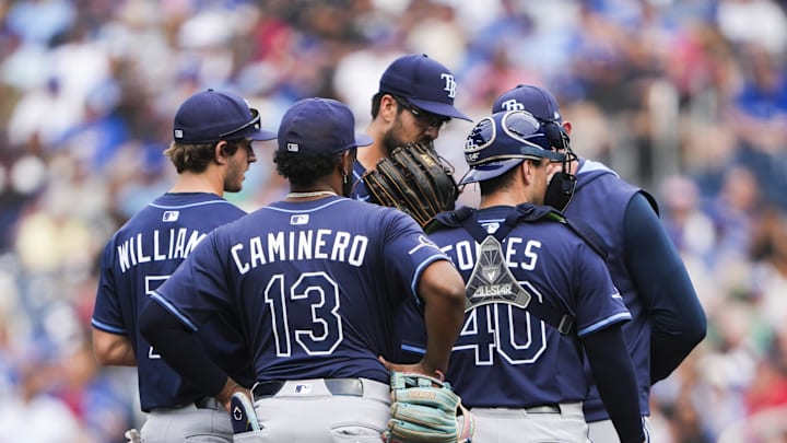 Sep 27, 2025; Toronto, Ontario, CAN; Tampa Bay Rays pitcher Joe Boyle (36) stands on the mound with catcher Nick Fortes (40) against the Toronto Blue Jays during the first inning at Rogers Centre. Mandatory Credit: Kevin Sousa-Imagn Images Sep 27, 2025; Toronto, Ontario, CAN; Tampa Bay Rays pitcher Joe Boyle (36) stands on the mound with catcher Nick Fortes (40) against the Toronto Blue Jays during the first inning at Rogers Centre. Mandatory Credit: Kevin Sousa-Imagn Images