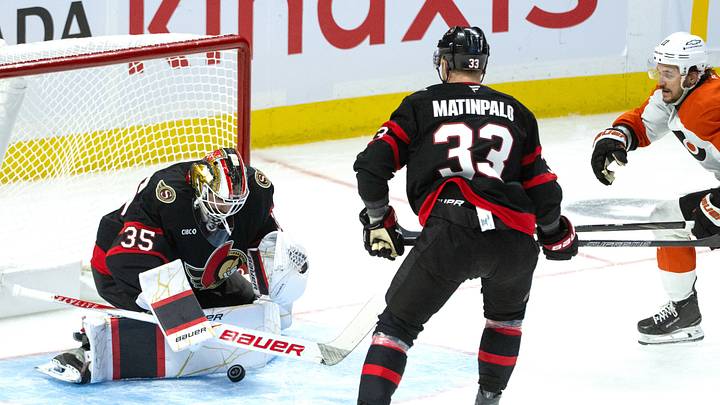 Oct 8, 2026; Ottawa, Ontario, CAN;  Ottawa Senators goalie Linus Ullmark (35) makes a save in front of Philadelphia Flyers right wing Travis Konecny (11) in the third period at the Canadian Tire Centre.  Mandatory Credit: Marc DesRosiers-Imagn
