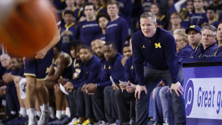 Jan 10, 2026; Ann Arbor, Michigan, USA;  Michigan Wolverines head coach Dusty May looks on in the first half against the Wisconsin Badgers at Crisler Center. Mandatory Credit: Rick Osentoski-Imagn Images