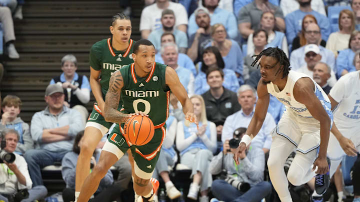 Feb 26, 2024; Chapel Hill, North Carolina, USA; Miami (Fl) Hurricanes guard Matthew Cleveland (0)