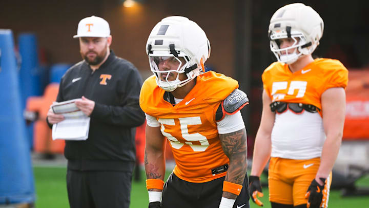 Tennessee linebacker Amare Campbell (55) during the Vols' spring football practice in Knoxville on March 19, 2026.
