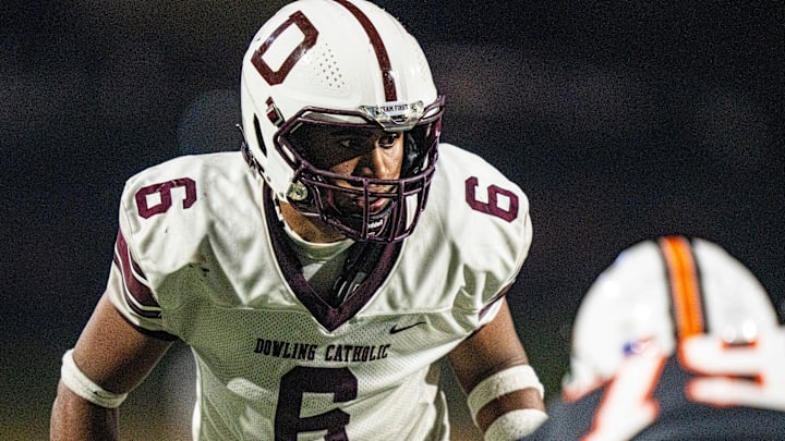 Dowling Catholic linebacker Carlos Blount Jr. (6) watches the snap during a high school football game between Valley and Dowling Catholic on Aug. 29, 2025, at Valley Stadium in West Des Moines, Iowa. Valley defeated Dowling Catholic 20-19. Dowling Catholic linebacker Carlos Blount Jr. (6) watches the snap during a high school football game between Valley and Dowling Catholic on Aug. 29, 2025, at Valley Stadium in West Des Moines, Iowa. Valley defeated Dowling Catholic 20-19.